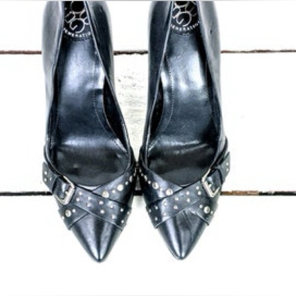 BCBG Black Pointed Toe Studded Buckle Heels